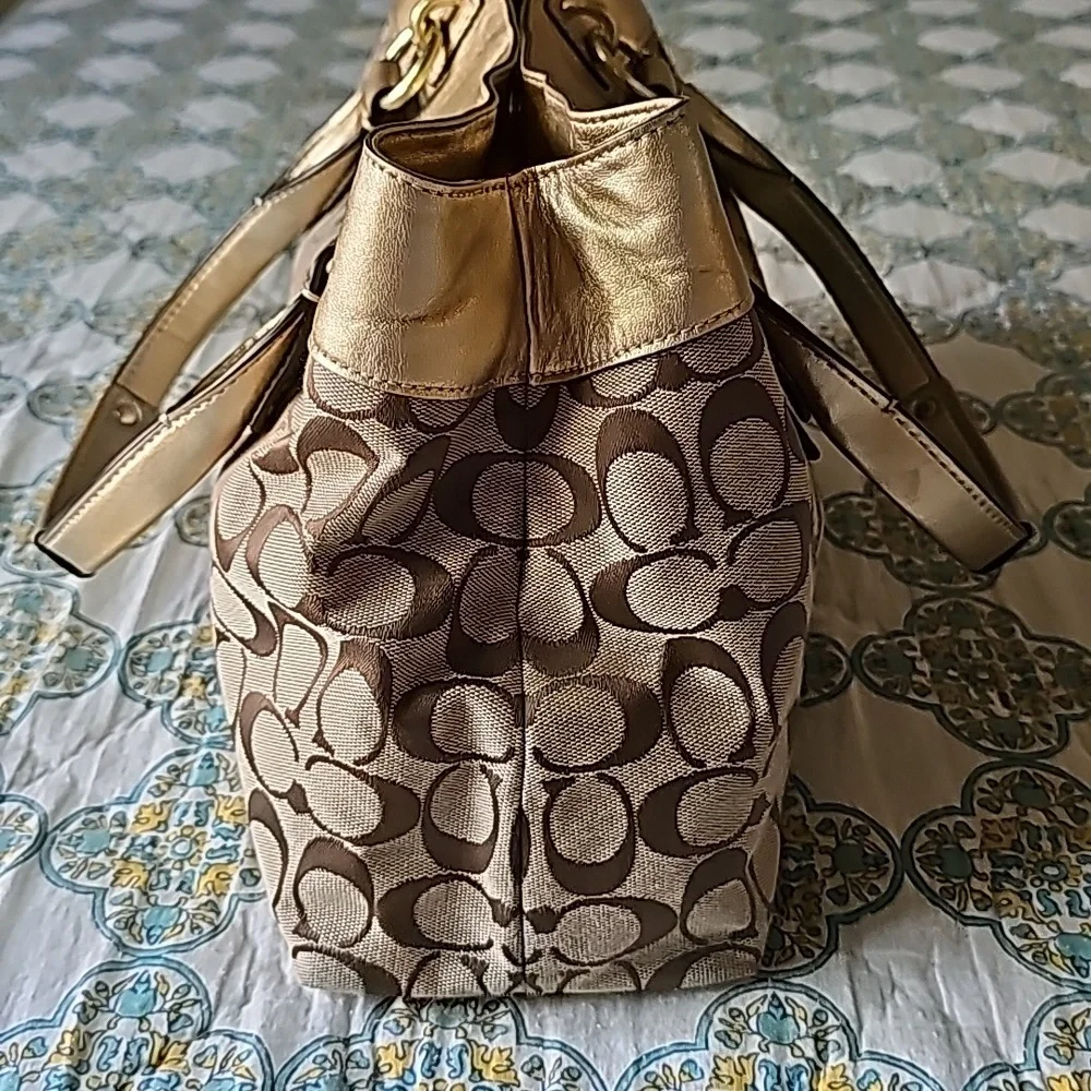 Coach Penelope Signature C Jacquard Metallic Gold Leather Tote Bag F15533